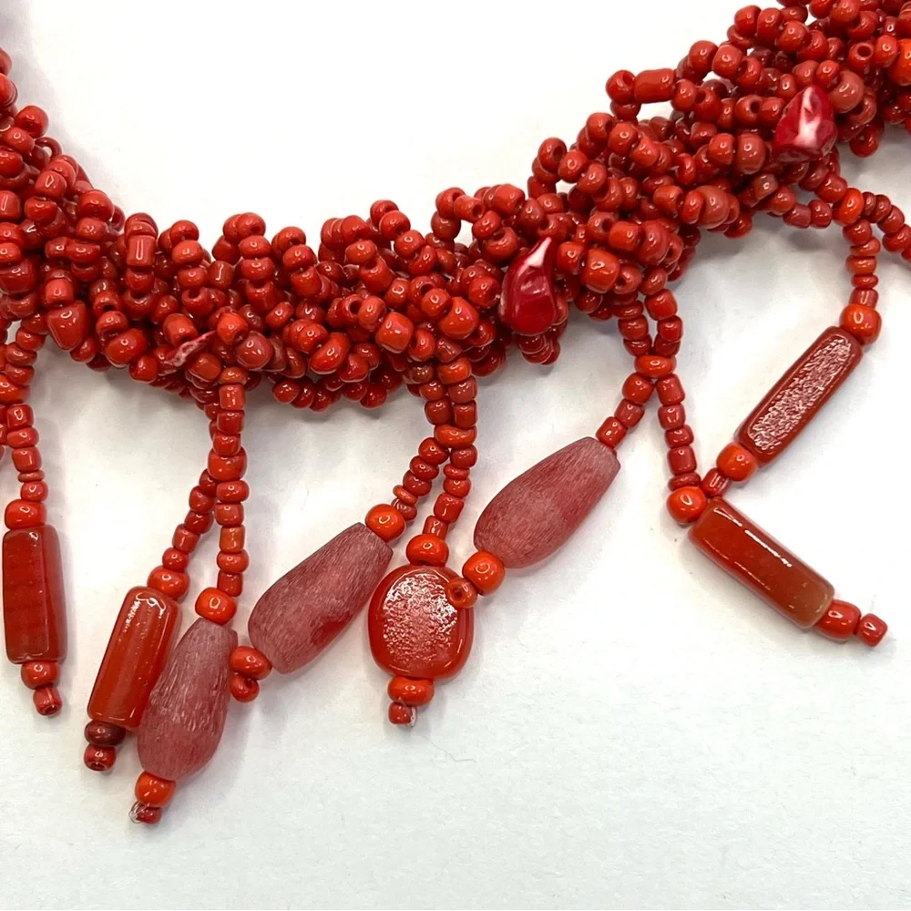 Red Statement Necklace Glass Red Coral Beads